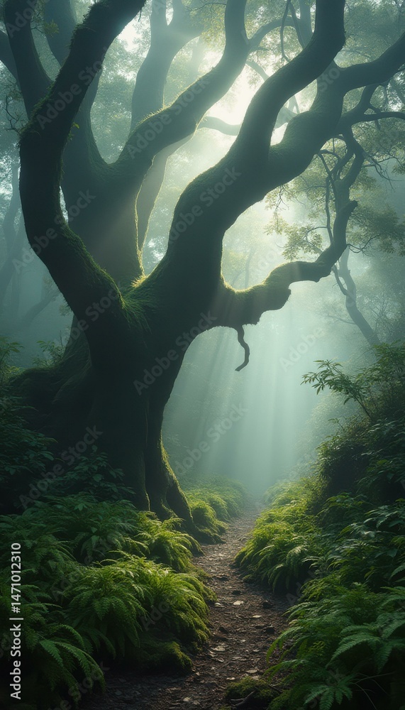 Aufkleber moss-covered tree with sunlight streaming through branches in forest