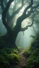 Moss-covered tree with sunlight streaming through branches in forest