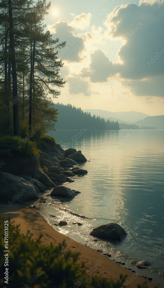 Aufkleber serene lakeside view with rocks and trees under clear sky