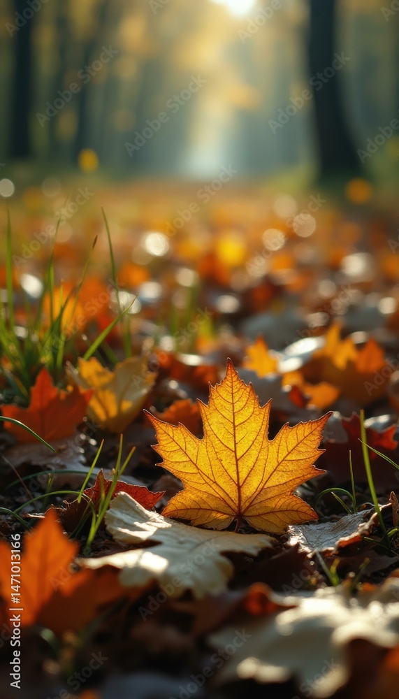 Poster autumn leaf lying on ground in serene forest setting