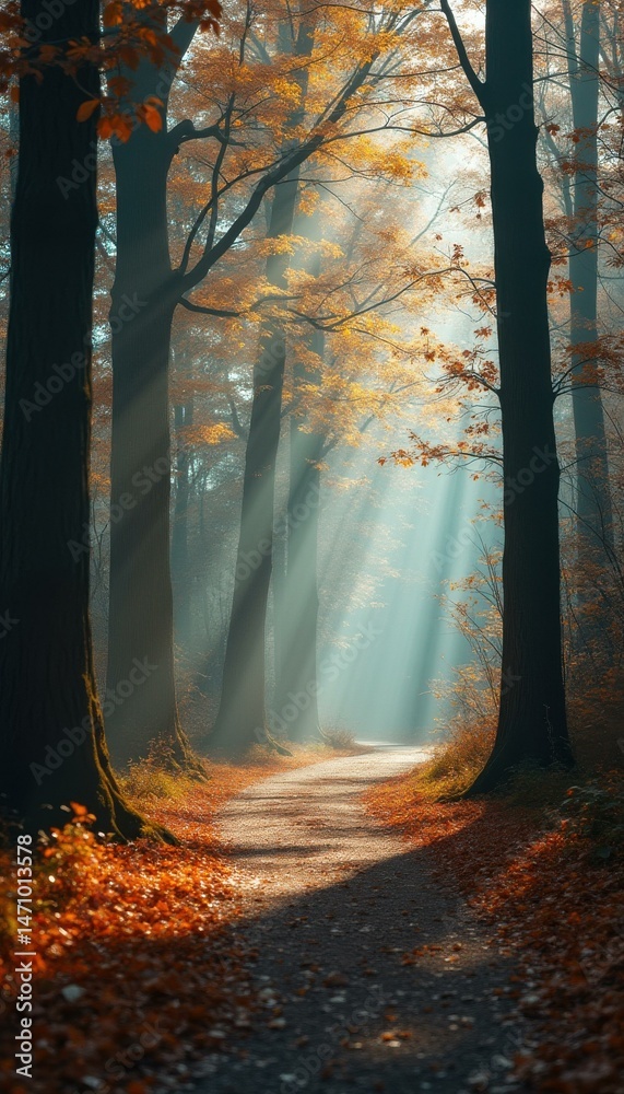 Aufkleber Sunbeams filtering through autumn leaves on forest path