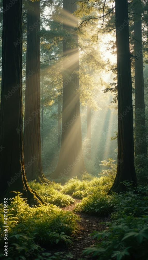 Aufkleber Sunlight Filtering Through Trees on a Serene Forest Path