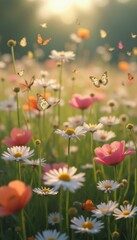 Fototapeta premium Many butterflies flying over colorful flowers in summer meadow