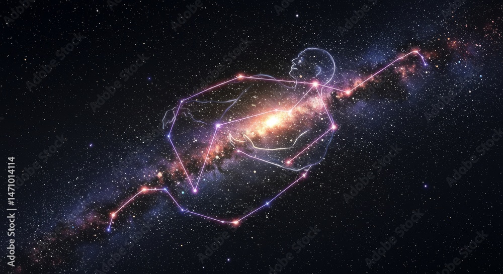 Wall mural silhouette figure connected by constellations in cosmic space.