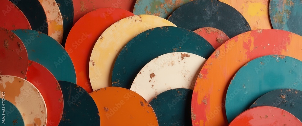 Poster multiple circular objects with distressed paint in studio setting
