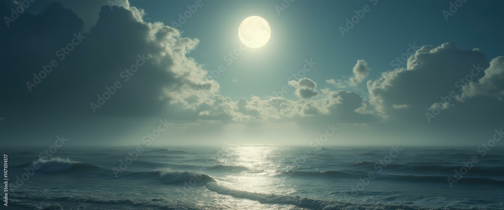 Poster Serene night ocean view with moon and clouds