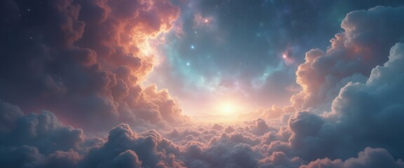 Serene sunrise above clouds with twinkling stars in sky