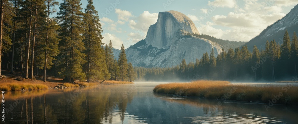 Poster majestic reflection of mountains and trees in yosemite lake