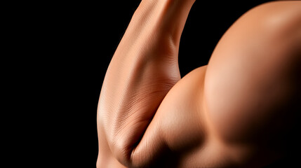 Naklejka premium Bicep short head detail during preacher curl, classic studio lighting, pure black background