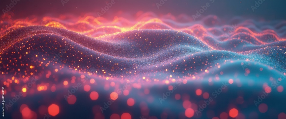 Poster Abstract glowing particle wave in digital environment
