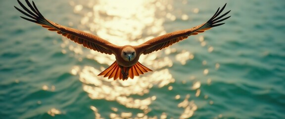 Red kite flying majestically over the ocean during daytime