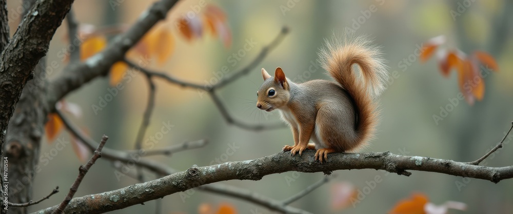 Aufkleber red squirrel sitting on a branch in autumn forest