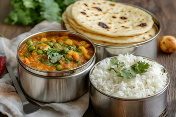 "Traditional Indian meal with chapati, rice, potato curry, and chickpea curry served in a tiffin box"