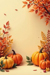 Autumnal Still Life Featuring Pumpkins and Vibrant Fall Foliage Against a Warm Beige Background