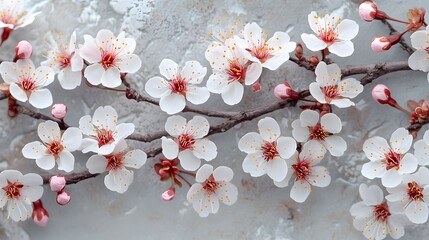 Delicate white cherry blossoms branch with pink buds arranged on a textured grey background, perfect for sp themes.