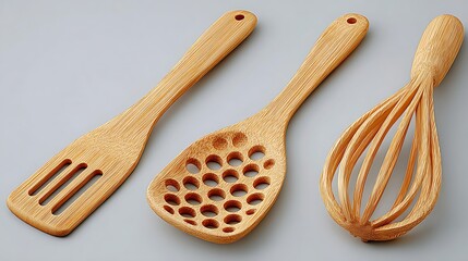 Bamboo Kitchen Utensils Spatula with Skimmer, and Whisk.