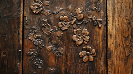 Intricate wooden panel with floral carvings showcasing craftsmanship