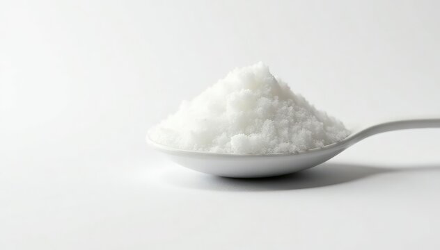 Spoonful of white sugar against white backdrop, refined sugar, clean background, culinary