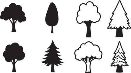 set of trees silhouettes, Trees of different natural zones, vector illustration, Vector trees illustrations. 