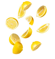 falling lemon slices on white background