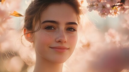 Fototapeta premium A young woman with freckles smiles gently amidst a blossoming cherry tree in sptime sunlight.