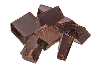 dark chocolate pieces isolated on white background