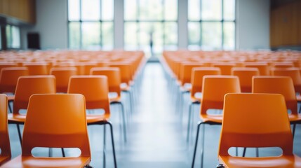 Empty orange chairs in a large hall with a view.