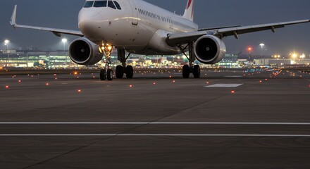 Obraz premium Airplane Taxiing on Runway at Night