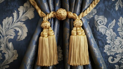 Elegant golden tassels on blue patterned curtains