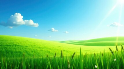Obraz premium Serene Landscape of Rolling Green Hills Under a Bright Sunny Sky with Delicate White Butterflies and Growing Wheat