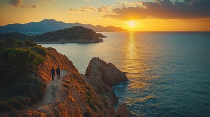 Two figures on a coastal path during a breathtaking sunset