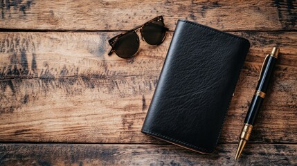 Stylish black notebook, sunglasses, and pen on wooden table (1)