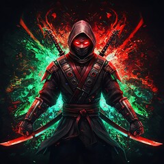 Naklejka premium Crimson Ninja: Digital Art, Red & Green Energy