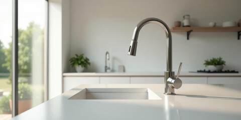 Modern kitchen design featuring a sleek, minimalist pull-down faucet above a pristine white sink