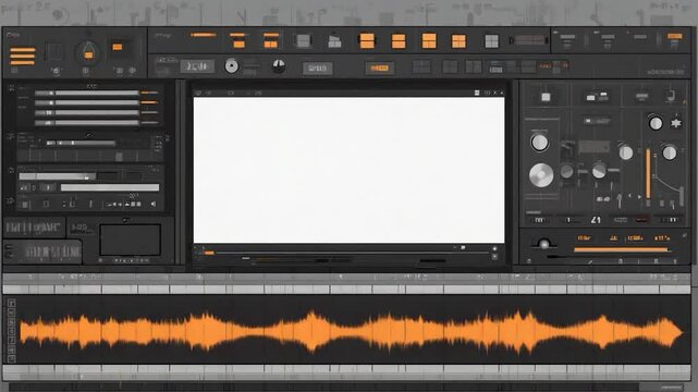 Detailed computer interface design with blank screen and audio waveform
