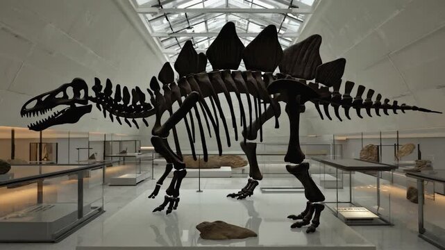 Detailed stegosaurus dinosaur skeleton displayed inside museum exhibit