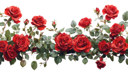 Elegant cascading arrangement of radiant red roses with verdant foliage, isolated