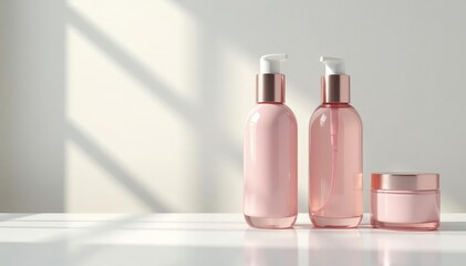 Elegant cosmetic bottles on pristine white surface, texture, background