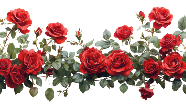 Elegant cascading arrangement of radiant red roses with verdant foliage, isolated