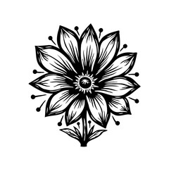 Detailed monochrome flower illustration with stylized petals and geometric seed