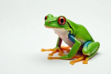 Fototapeta premium Green tree frog perched on white, vibrant skin, amphibian, white background, background