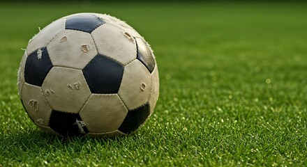 Worn Soccer Ball on Lush Green Grass: A Still Life of a Well-Loved Game