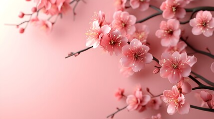 Fototapeta premium Delicate pink cherry blossoms gracefully bloom on slender branches against a soft pastel pink background perfect for sp designs.