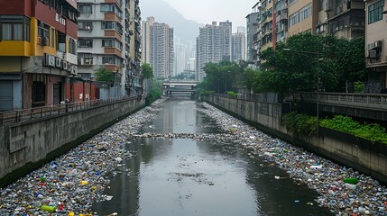  A river clogged with plastic bottles and other debris, flowing through a city