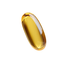 A close-up of a single, translucent vitamin capsule. The capsule is filled with a clear, golden liquid.