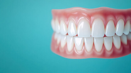 Obraz premium close up of bright, healthy smile with white teeth against turquoise background, showcasing dental aesthetics and oral health