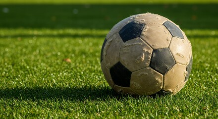 Fototapeta premium Worn-Out Soccer Ball on Lush Green Grass