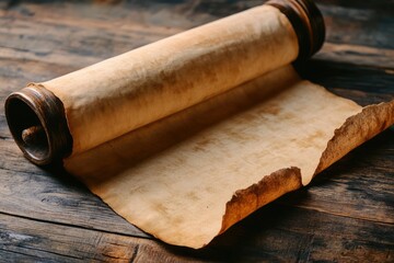 Aged parchment scroll on wooden table