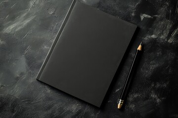 A black notebook and pencil rest on a dark textured surface