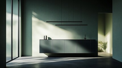 Modern, minimalist kitchen in muted green tones, bathed in natural light
